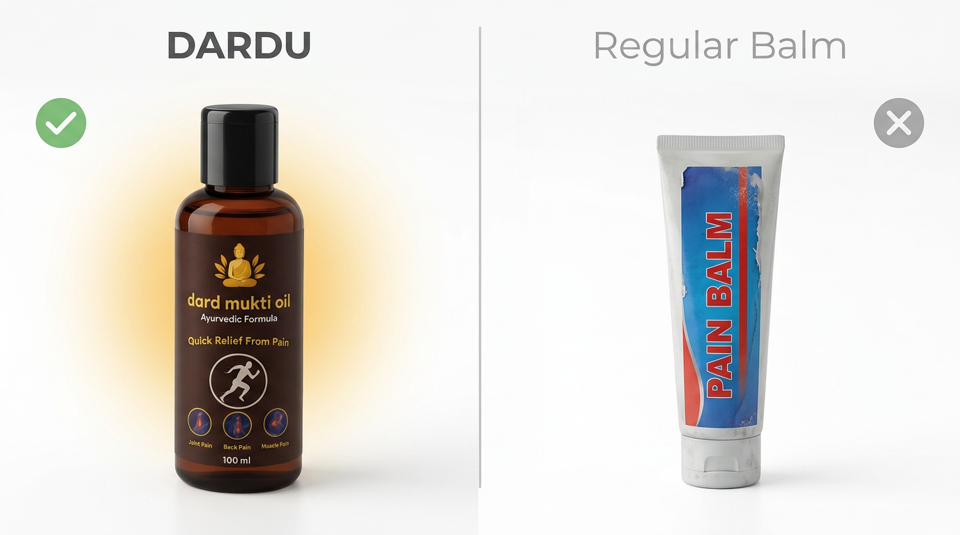 Dardu Ayurvedic oil compared side-by-side with a regular pain balm tube